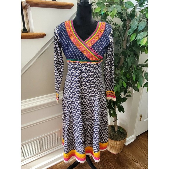 Indian Blue Floral Polyester V-Neck Long Sleeve Knee Length Dress Size Medium - Picture 1 of 11